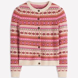 XL Boden Edie Fair Isle Cardigan Sweater in Pink Heritage Fair Isle
